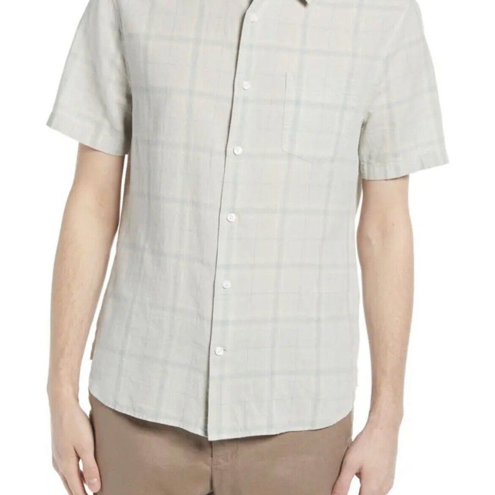 Vince Slim Fit Plaid Short Sleeve Button-Up Linen Blend Shirt small s